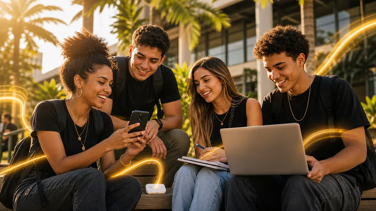 Estudantes usando conectividade móvel