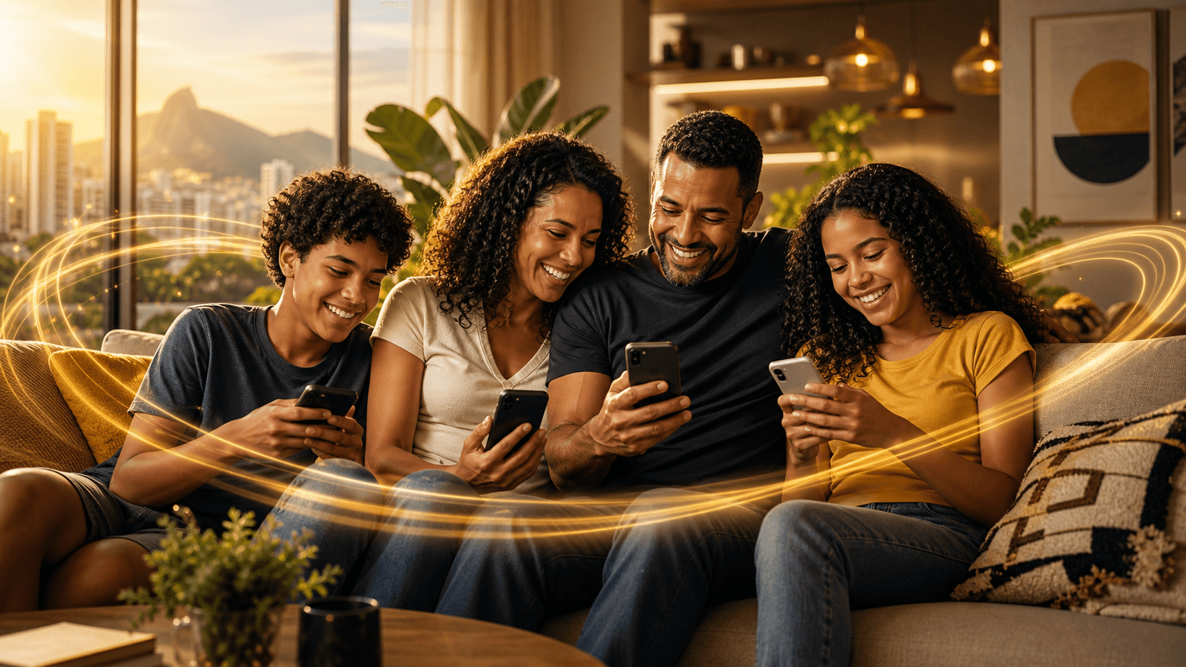 Família feliz usando celular com conexão Fynix