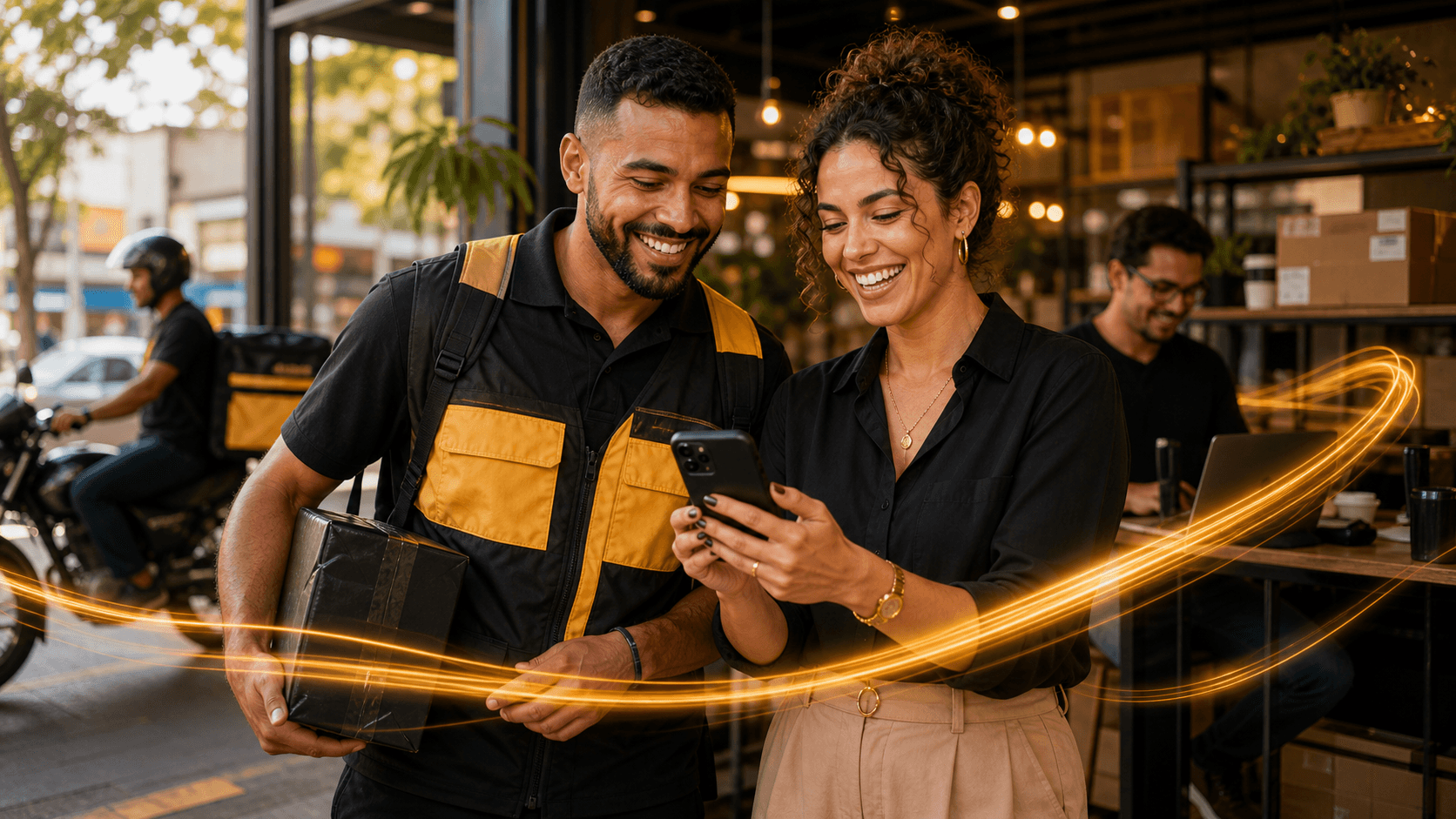 Trabalhadores felizes usando Fynix no dia a dia